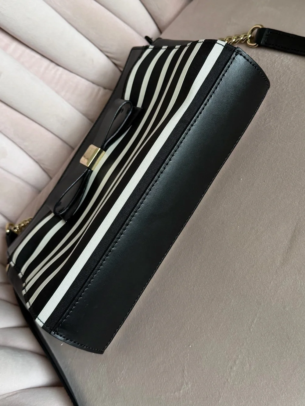 Kate Spade ♠️ WKRU3087 Black Cream Stripe Bow Crossbody Bag